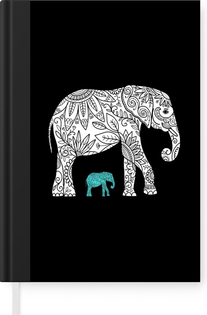 MuchoWow Notizbuch Tagebuch Haushaltsbuch Notebook A5 Elefant - Muster - Schwarz - Notizblock - Notizheft - Notebook - Schreibblock - Papier