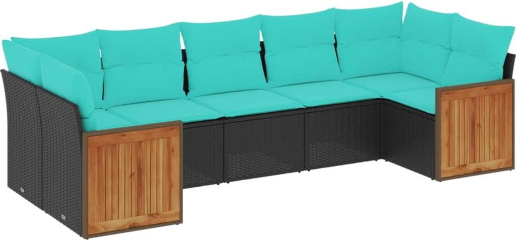 7-teiliges Gartensofa-Set mit Kissen, schwarzes Polyrattan