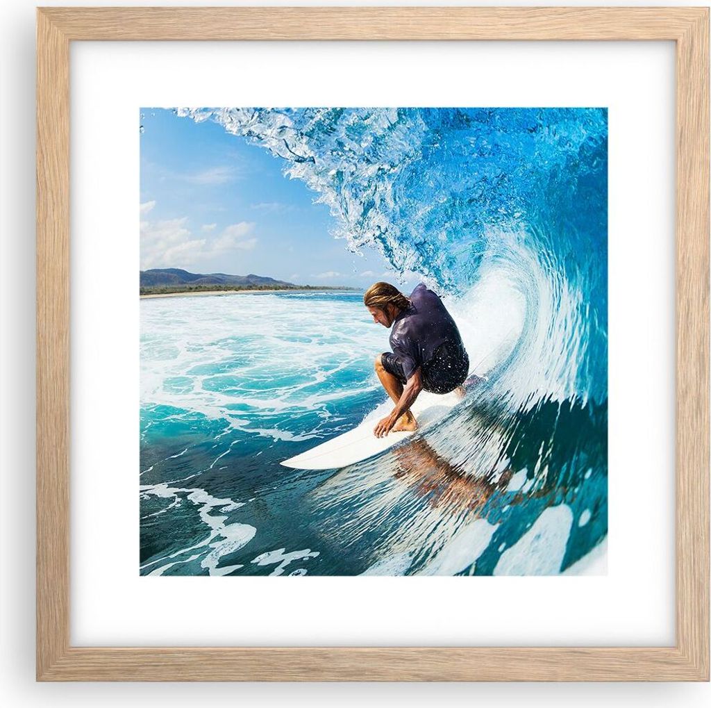 Gerahmtes Poster - Rahmen in heller Eiche - Surfen Surfer Ozean Welle - 30x30 cm - Wand Bild - Wanddeko - Wandbilder - Wandposter - Bilderrahmen - ...