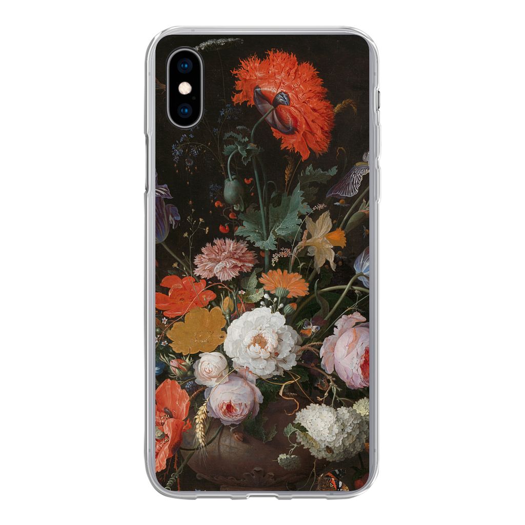 MuchoWow Handyhülle Schutzhülle Hülle für iPhone Xs Stilleben mit Blumen und einer Uhr - Gemälde von Abraham Mignon Silikon Softcase Handy H...