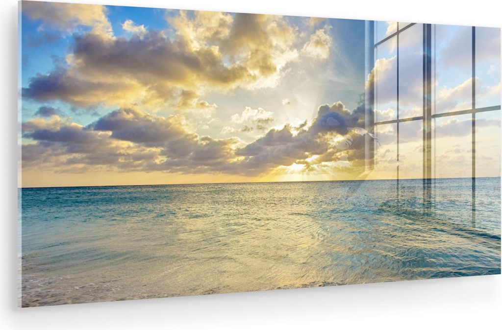 MuchoWow Glasbilder - Bilder auf Wandbild - Foto auf Glas Meer - Strand - Wolken - Sonne 40x20 cm Wanddekoration aus Glas - Acrylglasbild - Acrylbi...