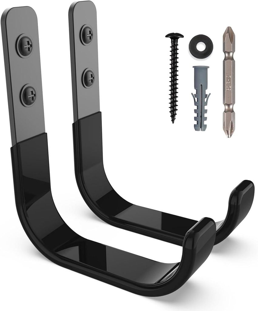 Set mit 2 Garagenwandhaken, Werkstatt-/Garagenaufbewahrungshaken, wandmontierter Gartengerätehalter, schwarze Universalhaken, robuste Wandhalterun...