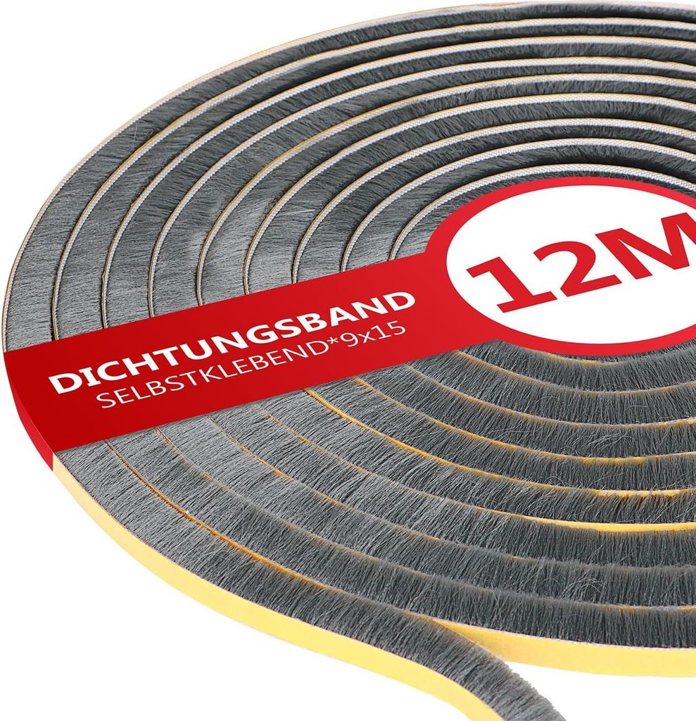 Selbstklebende Bürstendichtung für Türen und Fenster - 12 m Dichtungsband von 9 mm x 15 mm - Insektenschutz und Geräuschdämmung