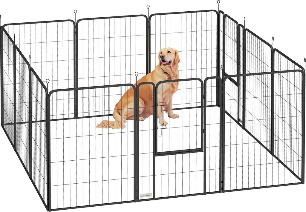 Welpenlaufstall - Freilaufgehege für Hunde / Puppy Playpen - 12 Gitterpaneele - Tür mit Eingang - Erdspieße zur Fixierung - Für drinnen und dra...