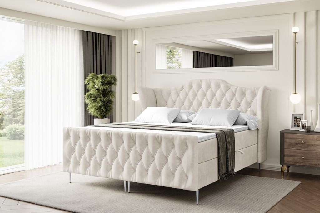 ALTDECOR Boxspringbett mit Silber Füßen, Matratze und Lattenrost, Topper, Fußteil, Polsterbett mit Bettkasten, Bett mit Stauraum H3-Matratze, Do...
