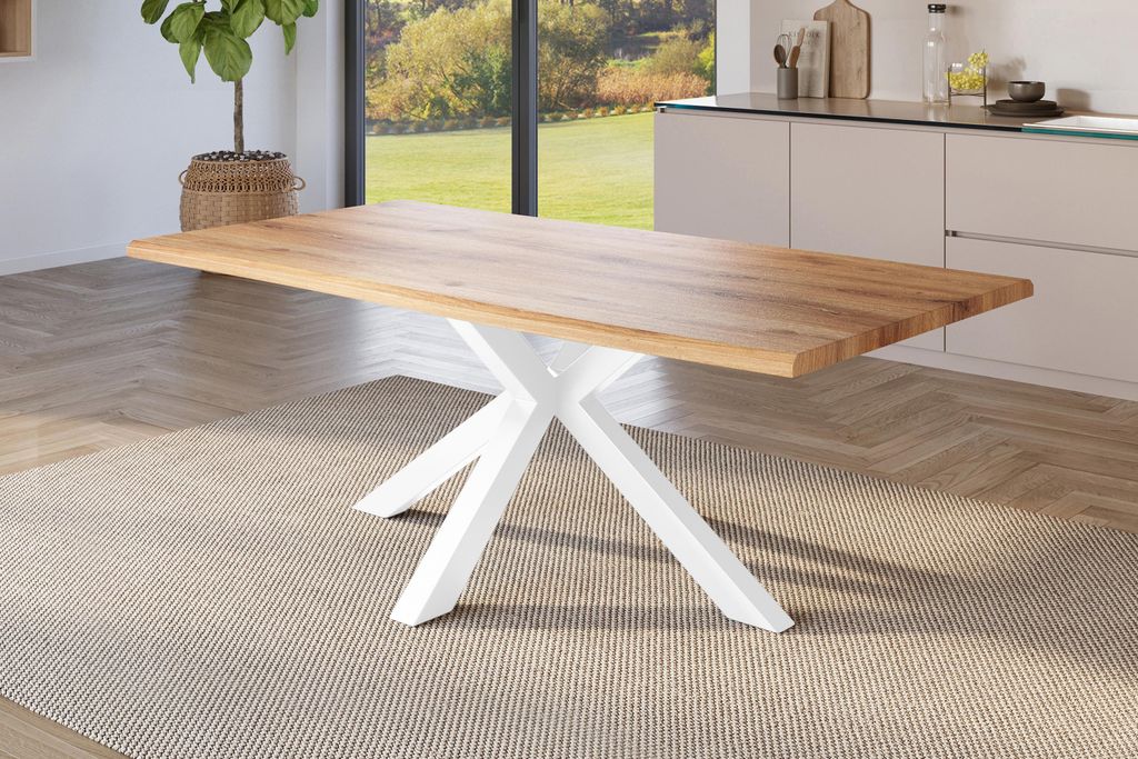 Esstisch Baumkante Holz-Optik Wildeiche 200 x 100 Spider-Gestell weiß JULIUS