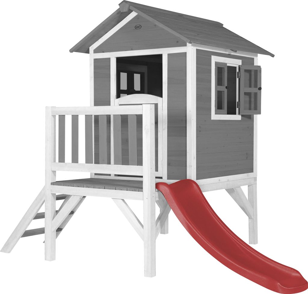 AXI Spielhaus Beach Lodge XL in Grau mit Rutsche in Rot | Stelzenhaus aus Holz für Kinder | Kleiner Spielturm für den Garten