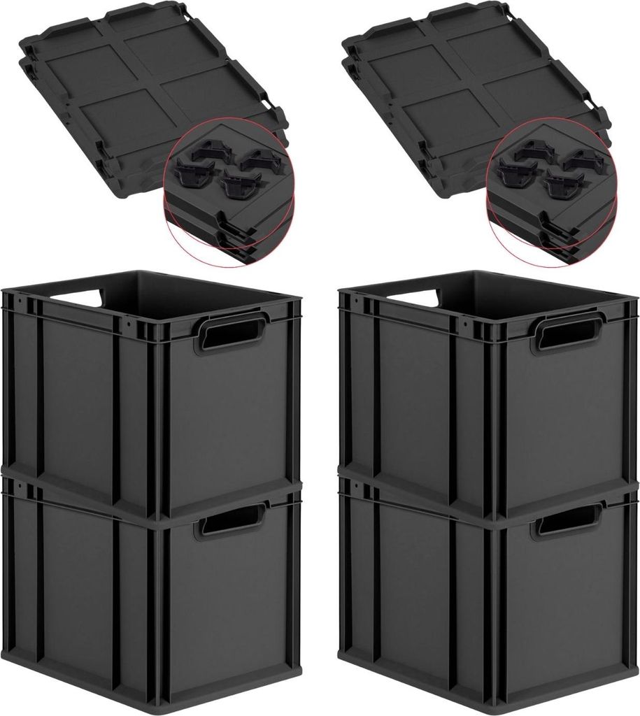 SuperSparSet 4x Eurobox NextGen Grip mit Auflagedeckel inkl. 4 schwarzen Schiebeschnappverschlüssen | HxBxT 32x30x40cm | 30 Liter | Schwarz | Grif...