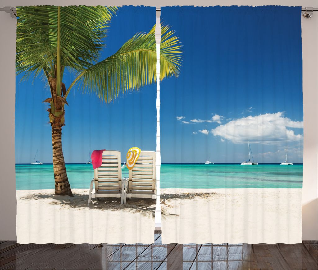 ABAKUHAUS Strand Rustikaler Vorhang, Relaxing Panorama Meer, Wohnzimmer Universalband Gardinen mit Schlaufen und Haken, 280 x 175 cm, Grün blau