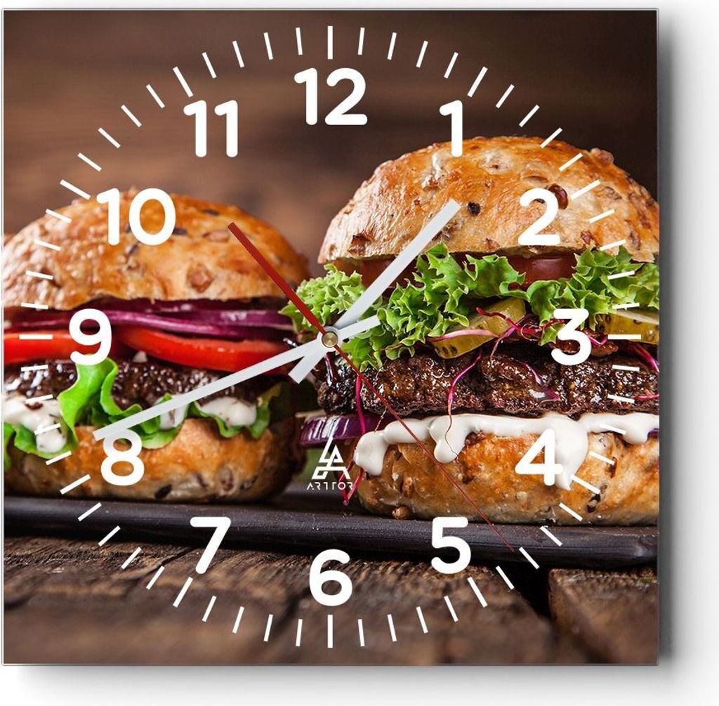 Wanduhr - Quadrat - Glasuhr - Amerikaner Hamburger Essen Barbecue - 40x40cm - Schleichendes Uhrwerk - Lautlos - zum Aufhängen bereit - Dekoration ...