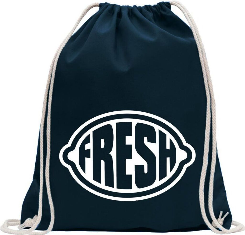 Kiwistar - Turnbeutel - dunkelblau - Fresh Zitrone - Fun Rucksack Sport Beutel Gymsack Baumwolle mit Ziehgurt