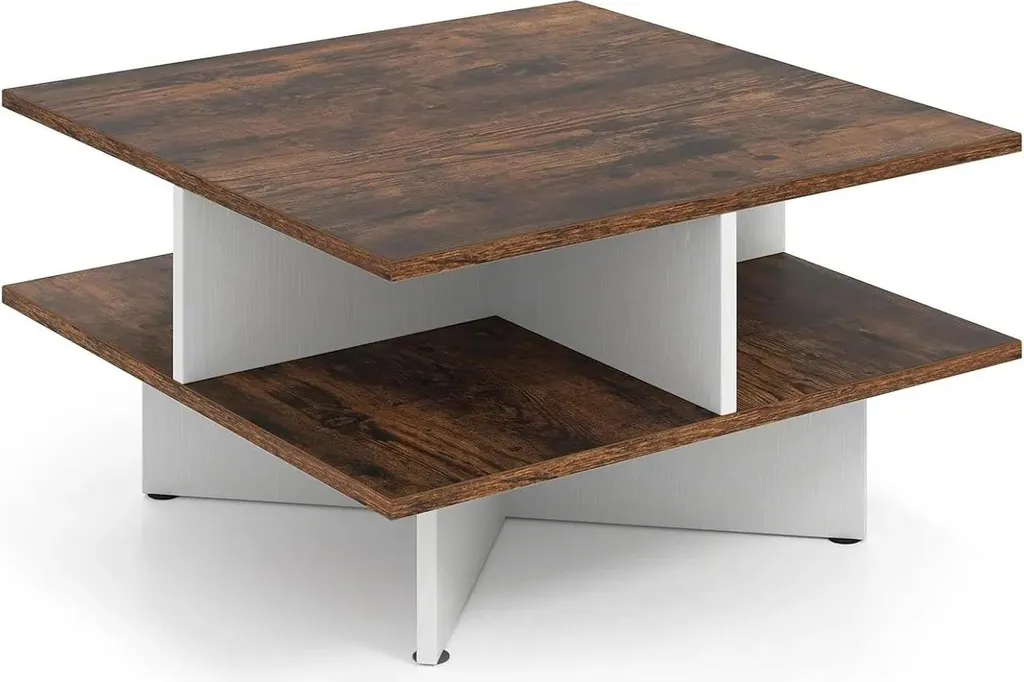 Table basse carrée en bois marron avec piètement en croix style cottage