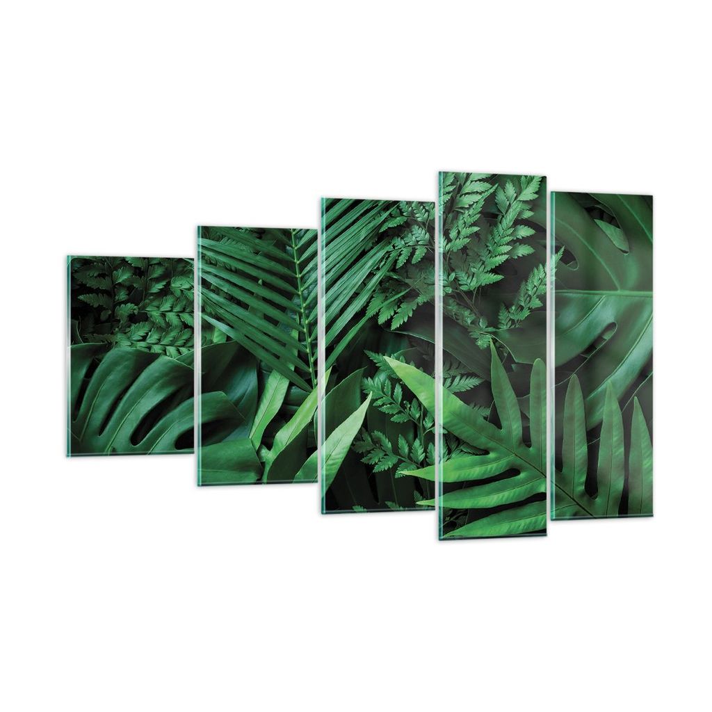 Bilder auf glas - 5 Teile - Exotisch Blätter Monstera - 100x60cm - Glasbilder - Wandbilder - Bilder - zum Aufhängen bereit - Wanddekoration aus G...