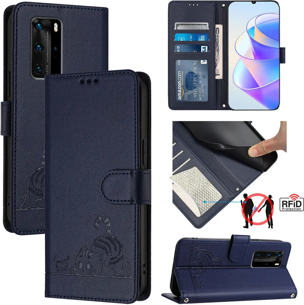 Custodia Huawei P40 Pro Portafoglio Blu | Pelle Gatto Stand e Carte