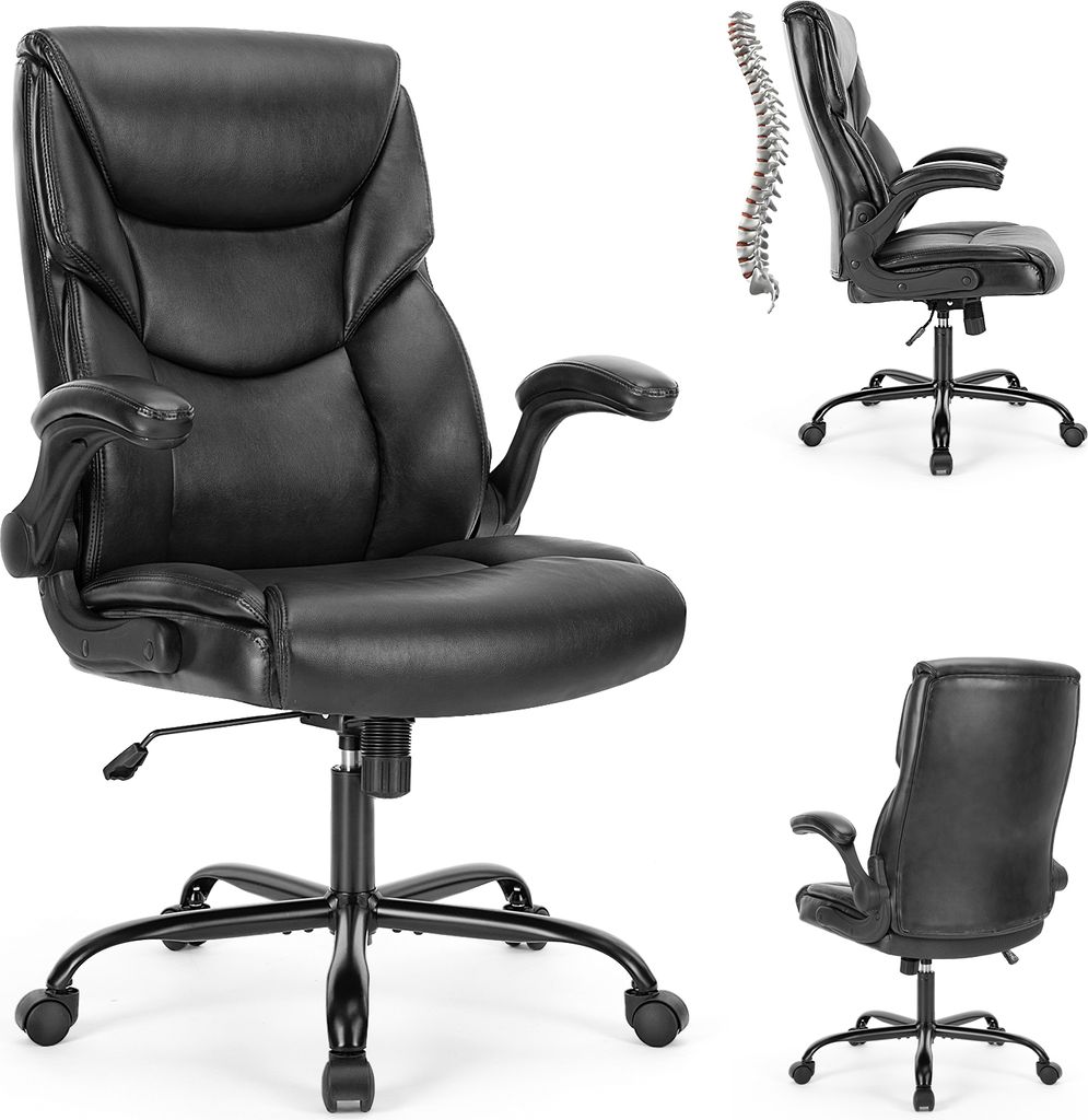 Sweiko Bürostuhl mit verstellbarer hochklappbarer Armlehne, Lendenwirbelstütze, starkes Metallgestell, PU, schwarz