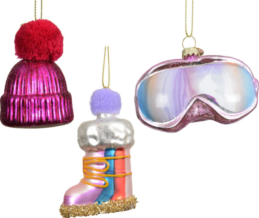 Christbaumschmuck Glas 7cm Skiausrüstung Figuren 3er Set Rosa / Pink