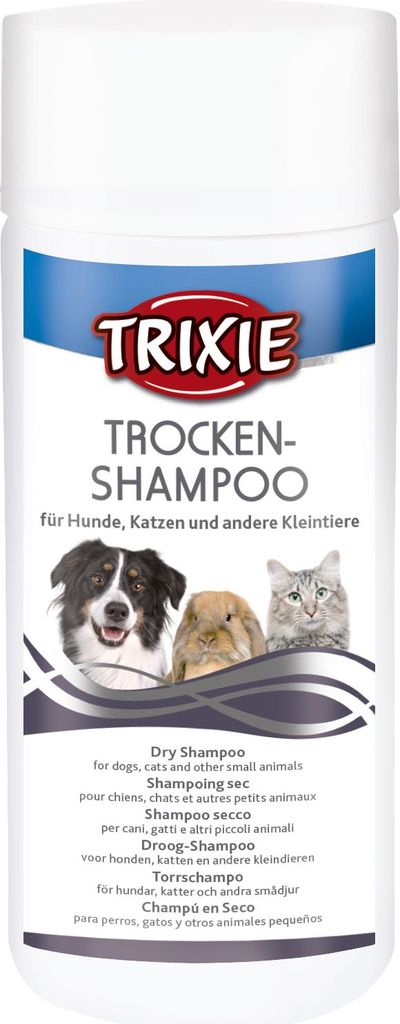 A product shot of a bottle of Trixie dry shampoo for pets.