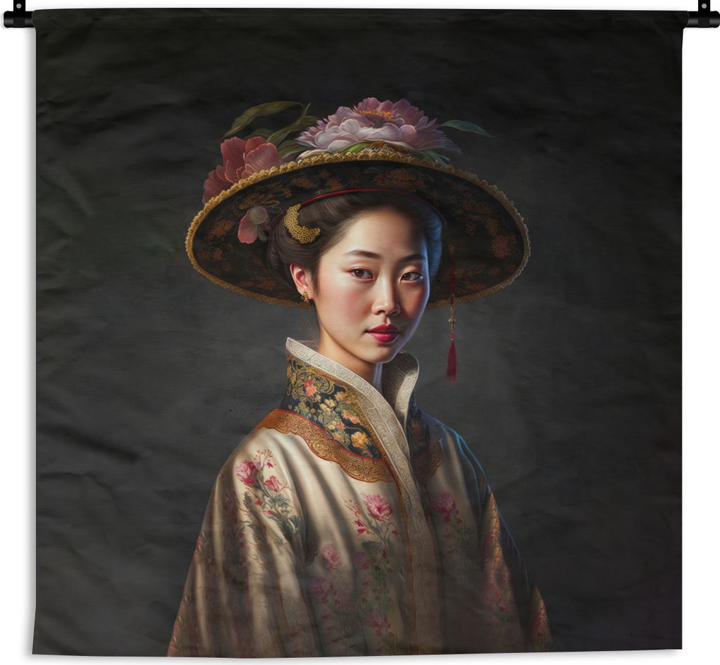 MuchoWow Wandteppich Wandbehang Frau - Porträt - Blumen - Hut - Asiatisch 120x120 cm Tapisserie Dekoration Wandtuch - Modern - Baumwollgewebe