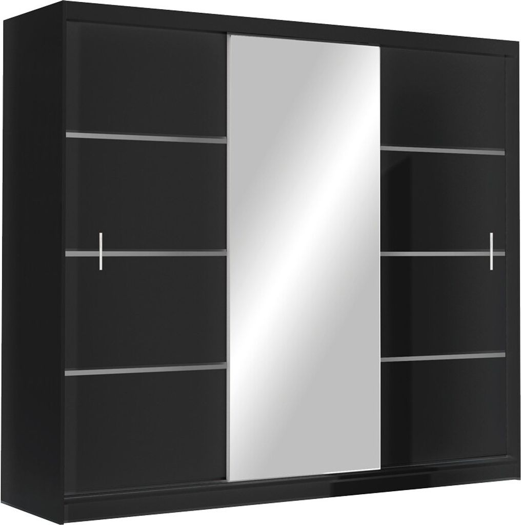 Furniture24 Kleiderschrank Vista 250 Schwebetürenschrank Schrank mit Schiebetür Kleiderstange 8 Einlegeboden 2 Schubladen mit Spiegel , 250 cm breit