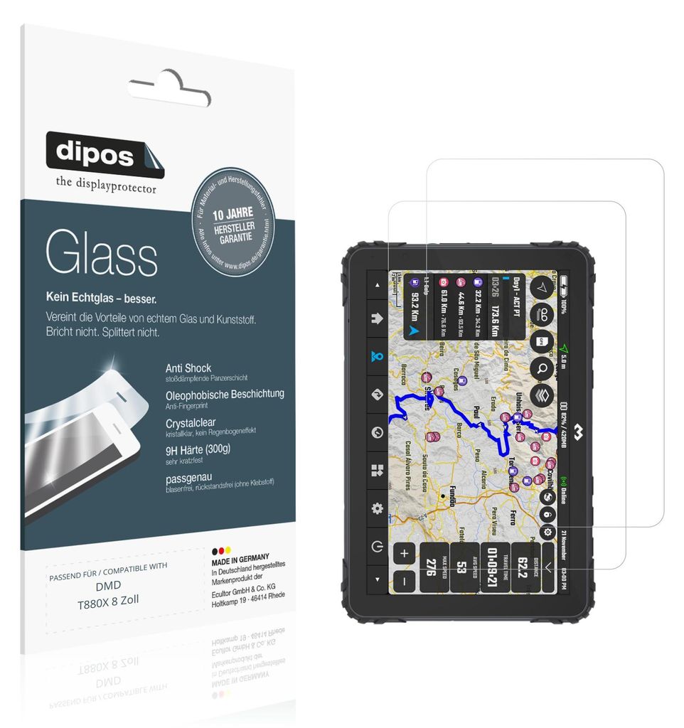 2x Schutzfolie für DMD T880X 8 Zoll - Anti-Shock 9H Folie dipos Glass Kunststoffglas