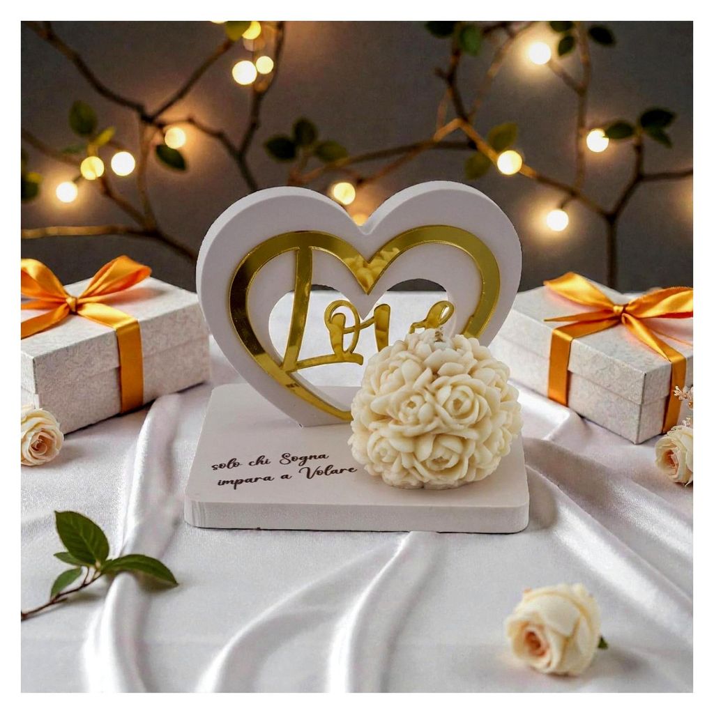 Hochzeitskerze mit Rosen und stilisiertem Herz, Spruch: Nur wer träumt, lernt zu fliegen, Geschenkidee