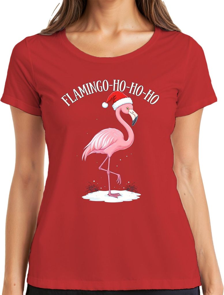 FLAMINGO-HO-HO-HO Weihnachtsflamingo Weihnachten Lustig Geschenk Damen T-Shirt, Rot, M