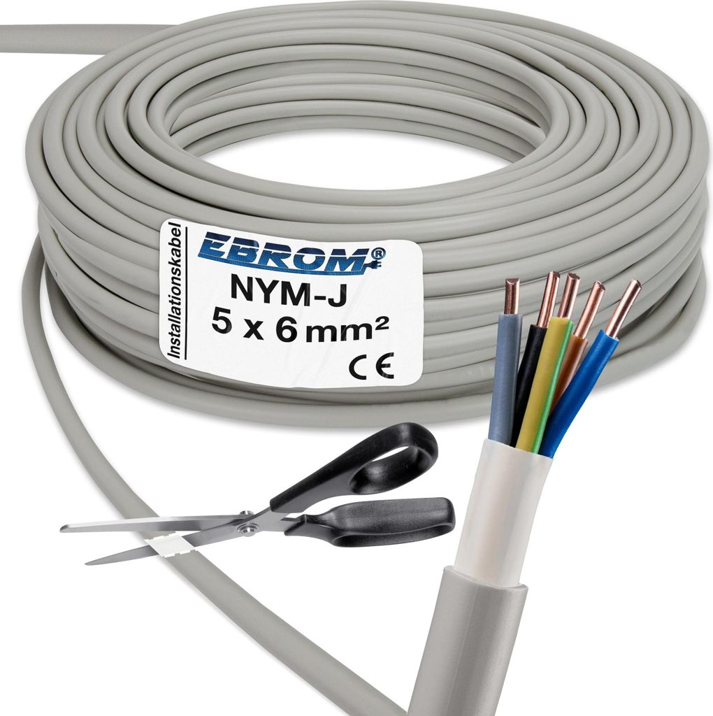 50 Meter Installationskabel NYM-J 5x6 mm² - Kunststoff Installationsleitung - 50m / 50 m -PVC - grau