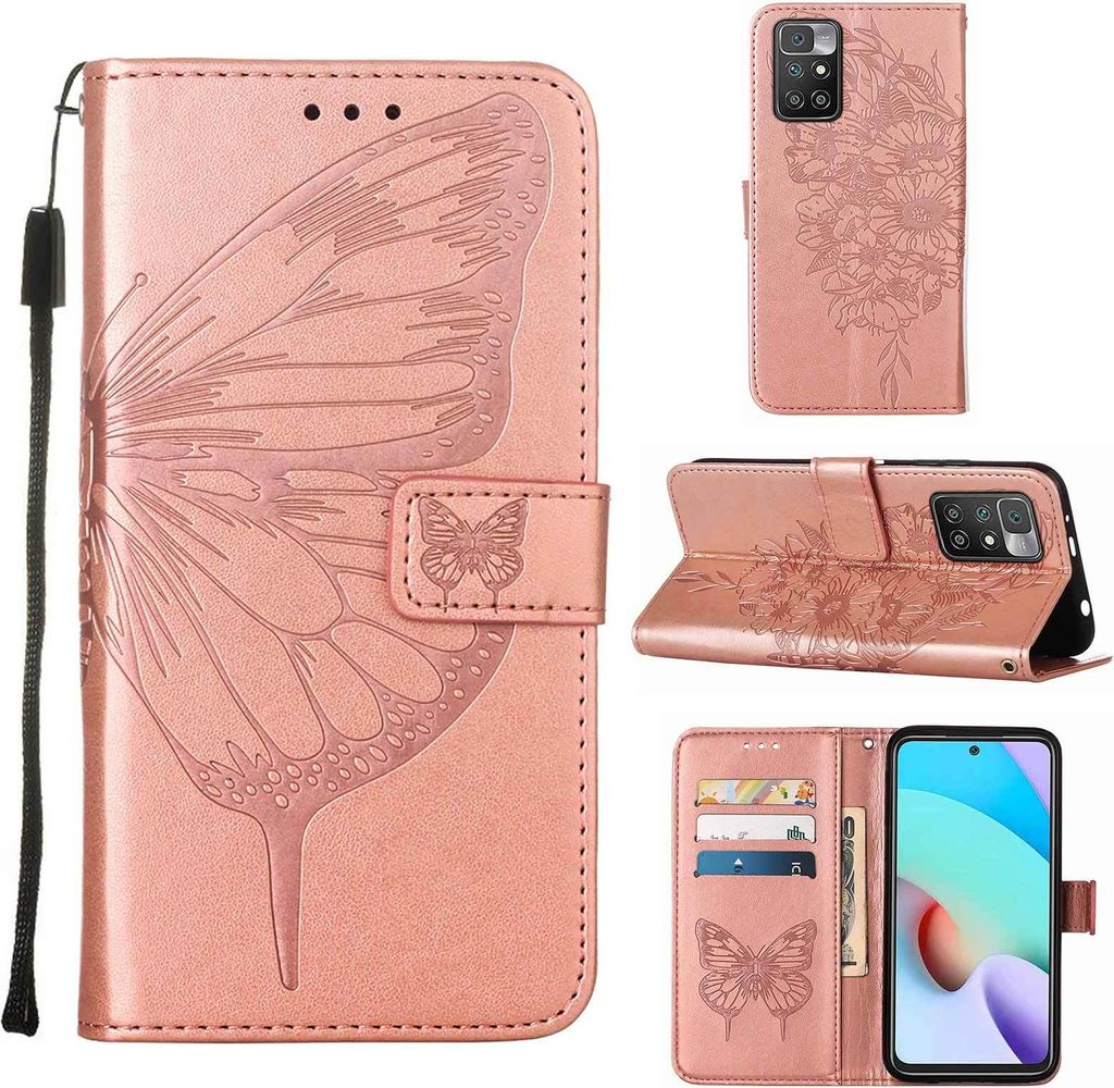 Redmi 10 Hülle, Schmetterling Prägung Flip Leder Kartenfächer Schutzhülle Ledertasche mit Ständer für Xiaomi Redmi 10 / 10 Prime Roségold