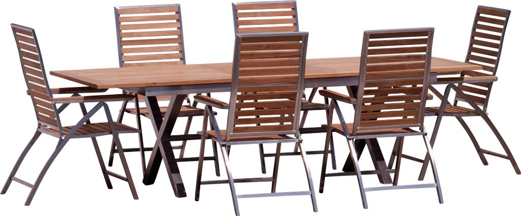 ALEOS. Gartengarnitur Edelstahl Teak Set: Ausziehtisch 200-260x100 cm + 6 Teak-Edelstahl Hochlehner, Sitzgruppe A-Grade Teak Holz - Serie NASSAU - ...