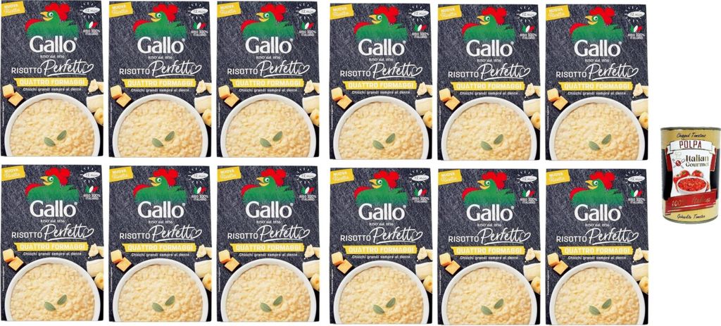 Gallo Risotto Perfetto Quattro Formaggi, Zubereitet für Vier-Käse-Risotto, 100% Italienischer Reis, 12x 175g + Italian Gourmet polpa 400g