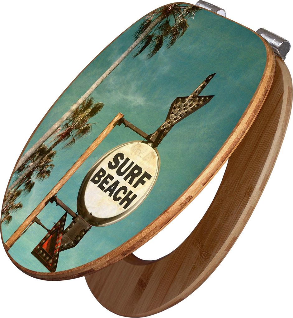 banjado Design WC Sitz Bambus Absenkautomatik -Surf Beach - Toilettendeckel mit Absenkautomatik Holz/hochwertiger Bambus Klodeckel/WC-Sitz für all...