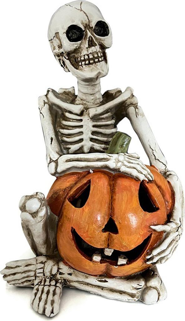 Halloween-Skelett-Kürbisstatue, gruseliger Kürbis mit Totenkopf-/Krähen-Skulptur, Halloween-Innendekoration aus Kunstharz für Zuhause, Büro, S...