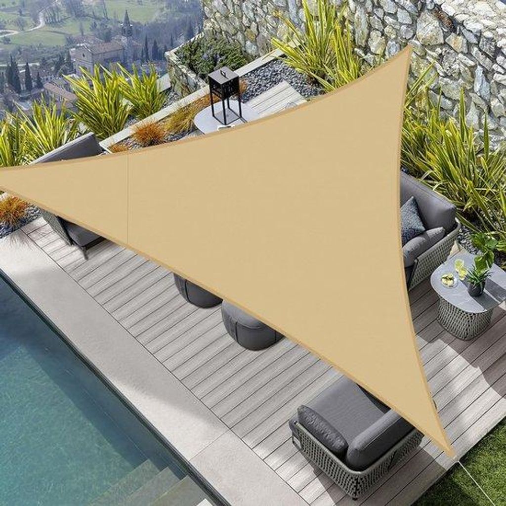 Dreieckiger Schattenstoff UV-beschützt 3,6x3,6x3,6m PES - Luftsack - für Außen, Garten, Terrasse, Balkon - Sandfarben