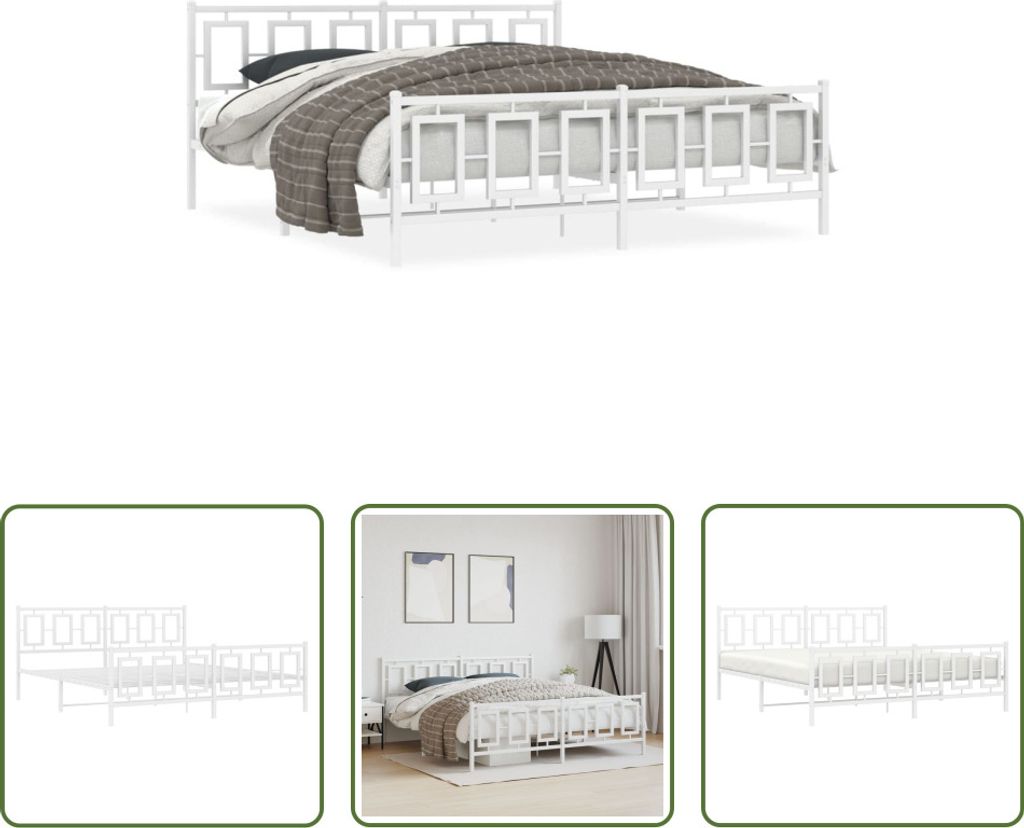 The Living Store Bettgestell mit Kopf- und Fußteil Metall Weiß 180x200 cm