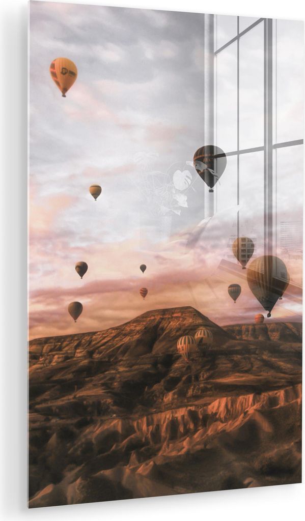 MuchoWow Glasbilder - Bilder auf Wandbild - Foto auf Glas Landschaft - Heißluftballon - Berge - Braun 60x90 cm Wanddekoration aus Glas - Acrylglas...