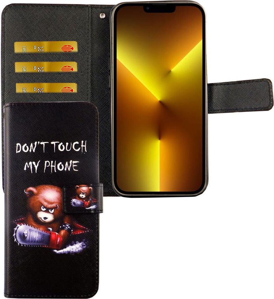 Apple iPhone 13 Pro Max Tasche Handy Hülle Schutz-Cover Flip-Case mit Kartenfach, Farbe:Dont Touch My Phone Bär