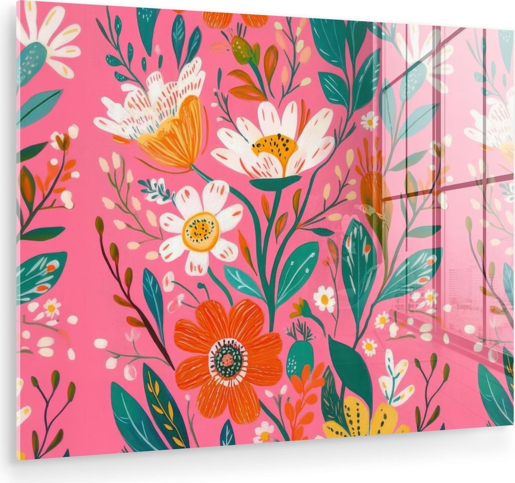 MuchoWow Glasbilder - Bilder auf Wandbild - Foto auf Glas Rosa - Blumen - Weiß - Orange 80x60 cm Wanddekoration aus Glas - Acrylglasbild - Acrylbi...