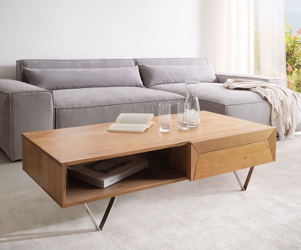 DELIFE Couchtisch Kayu 115x60 cm Akazie Natur 2 Schübe Produktbild 
