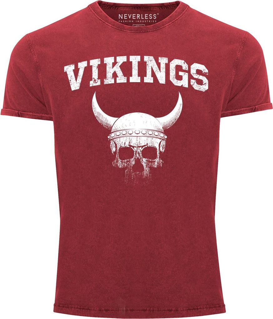 Herren Vintage Shirt Wikinger-Helm Skull Totenkopf Printshirt T-Shirt Aufdruck Used Look Slim Fit Neverless rot 3XL