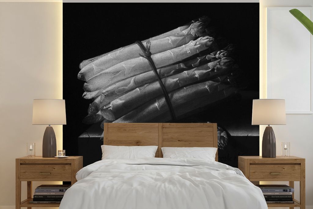 MuchoWow Fototapete für Wohnzimmer oder Schlafzimmer Wandtapete Vinyl Motivtapete Stilleben mit Spargel - Gemälde von Adriaen Coorte in schwarz...
