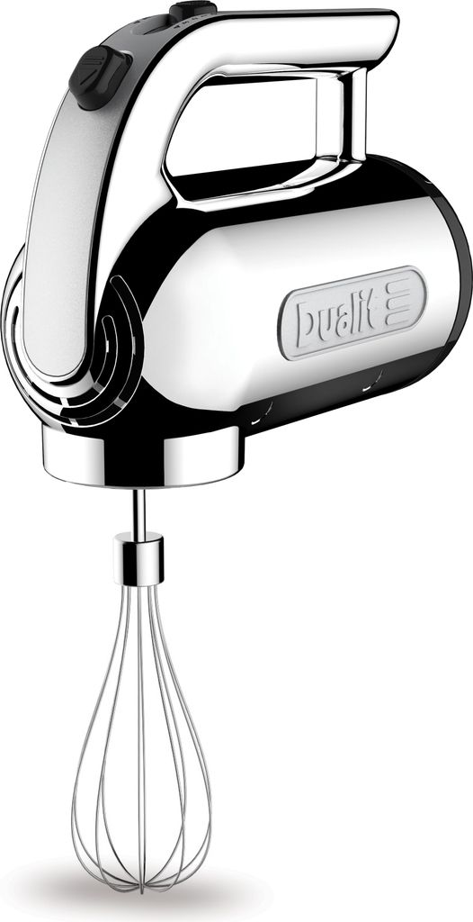 A chrome and black hand mixer with a whisk attachment, shown against a white background.