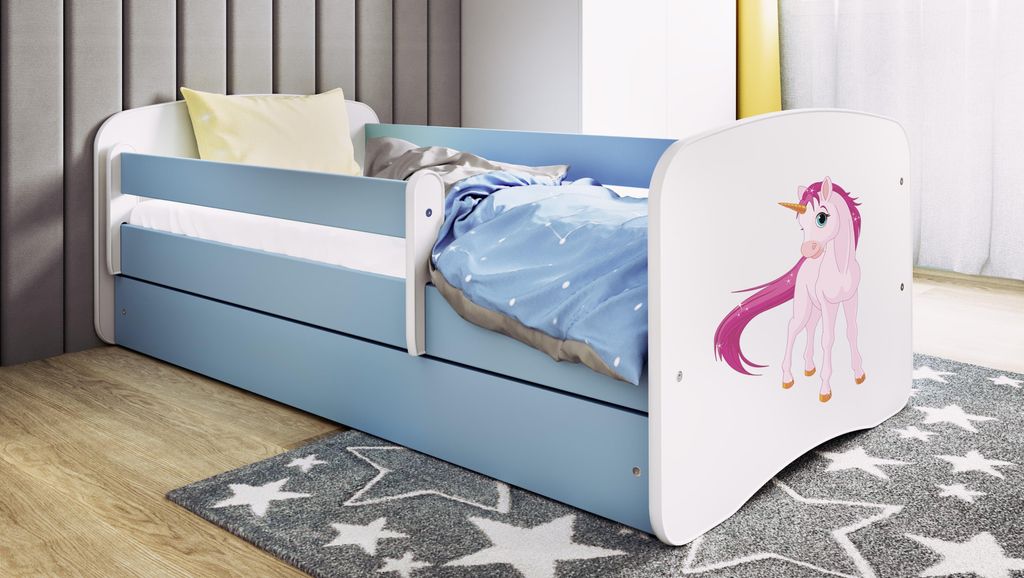 Kinderbett Jugendbett Einhorn 70x140, 80x160, 80x180 cm - Komplettset mit Matratze, Schublade & Rausfallschutz