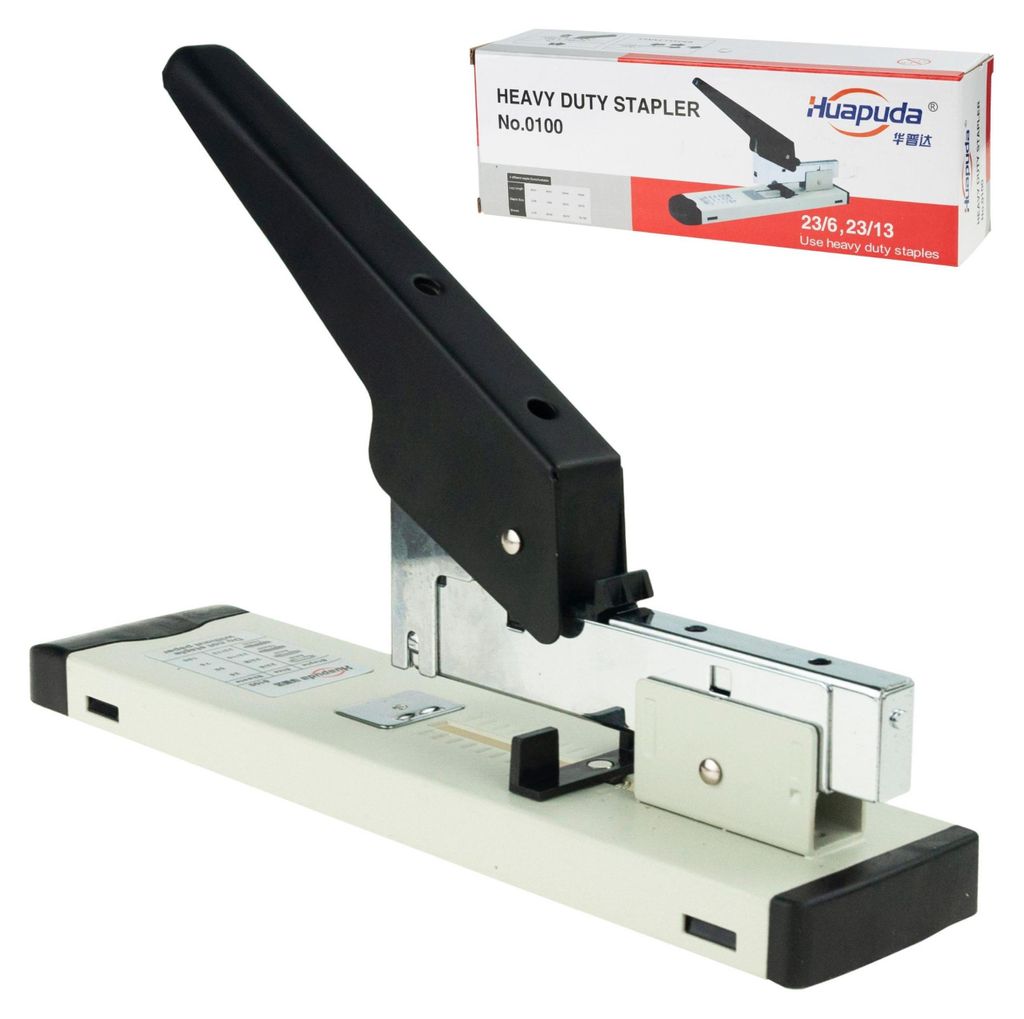 A heavy-duty stapler and its packaging are shown against a white background.