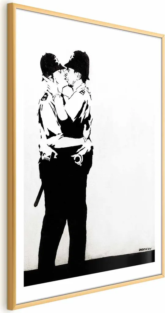 Regalo Originale Banksy Poster 40x60 Cornice Oro Polizia Bacio
