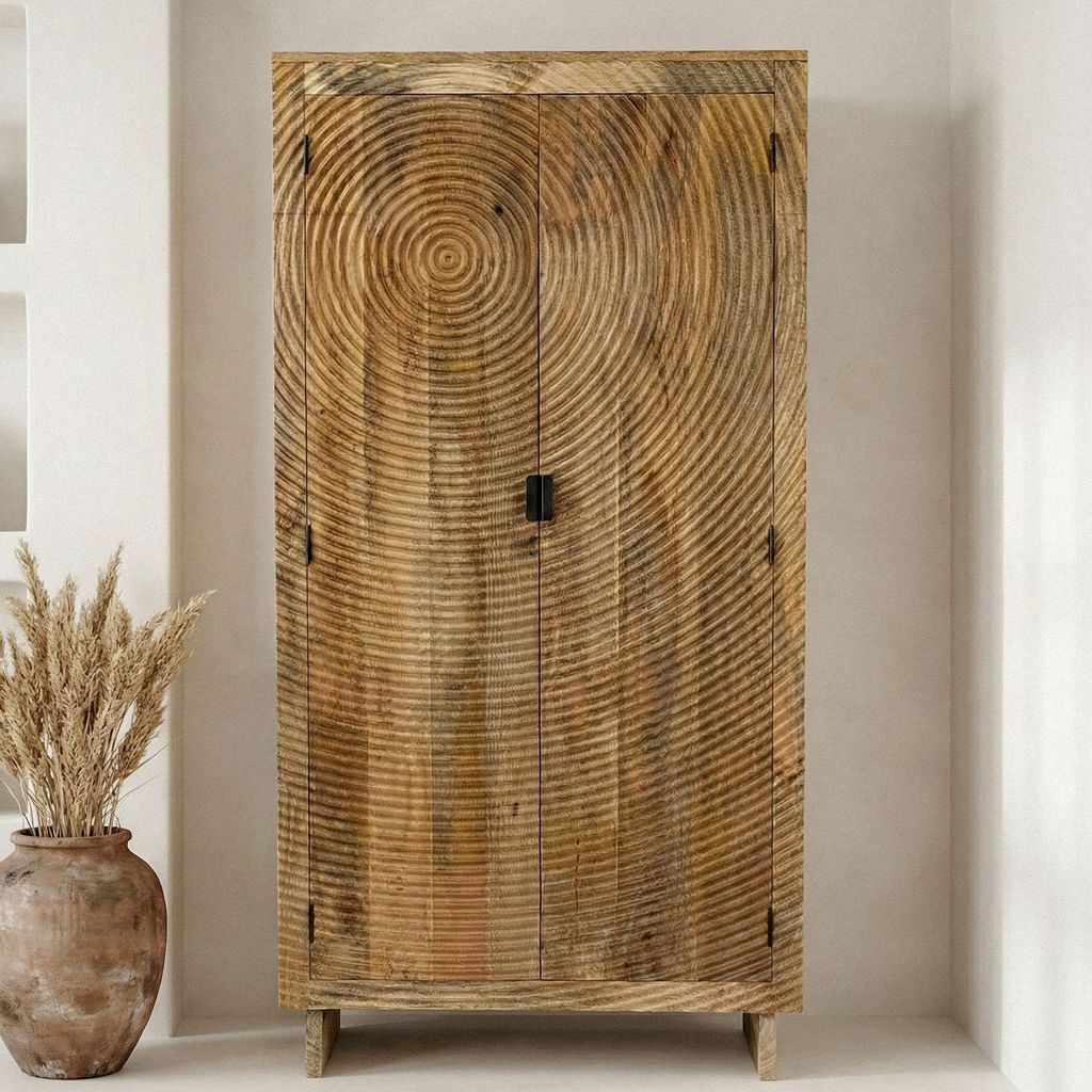 FineBuy Schrank Mango Massivholz Natur 180cm Wohnzimmerschrank hoch Mehrzweckschrank Landhaus Kleiderschrank mit 2 Türen Massivholzschrank Handmade