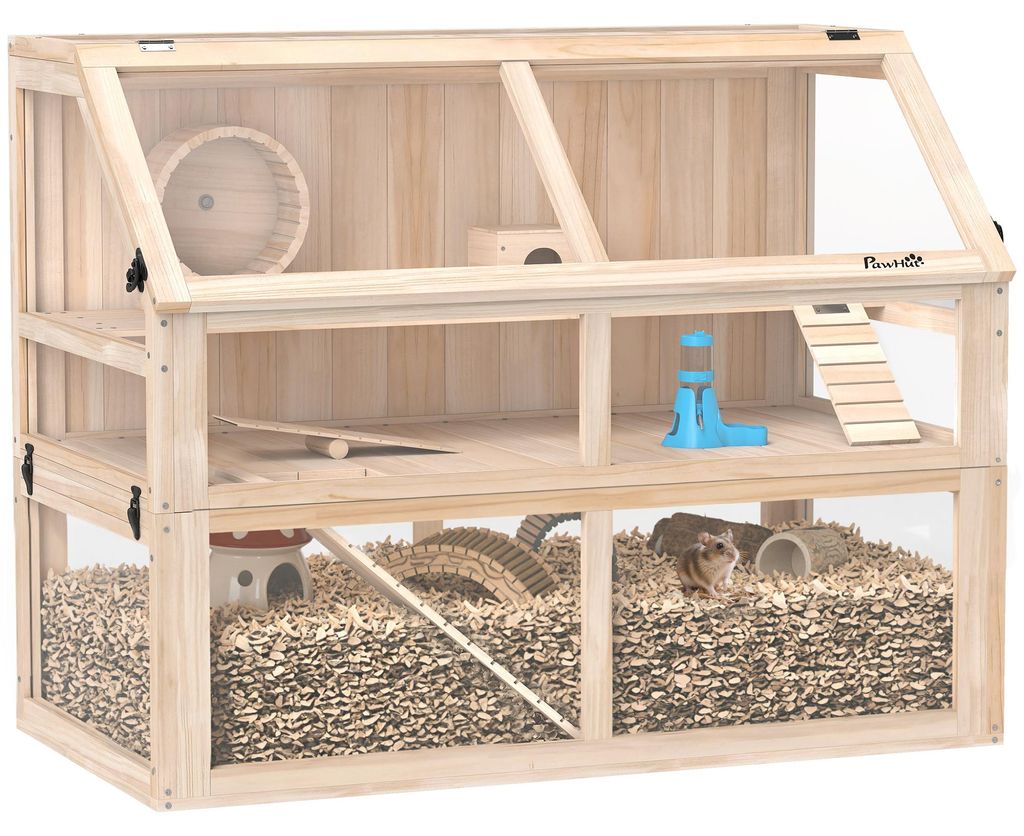 PawHut Hamsterkäfig aus Holz 3 Etagen Nagerkäfig mit Wippe Produktbild 