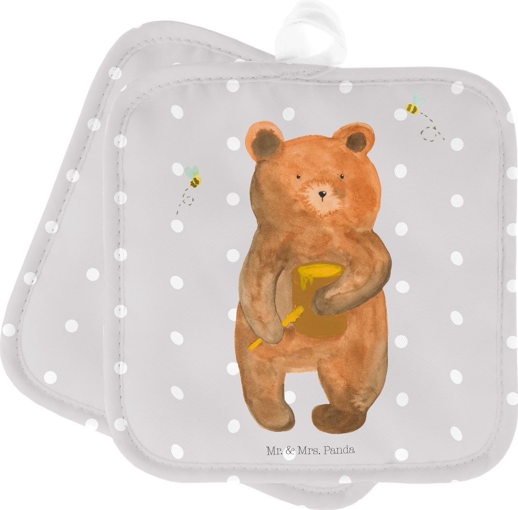 Mr. & Mrs. Panda Topflappen Bär Honig - Grau Pastell - Geschenk, Topfuntersetzer, Ofenlappen, Freund, Teddy, Liebe, Partner, Set, Topflappenset, t...
