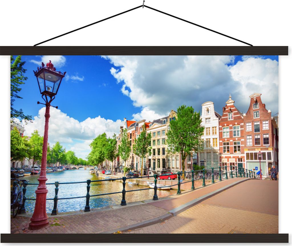 MuchoWow Textilposter Kanal - Amsterdam - Niederlande 90x60 cm mit schwarzem Rahmen - Aufhängungssatz