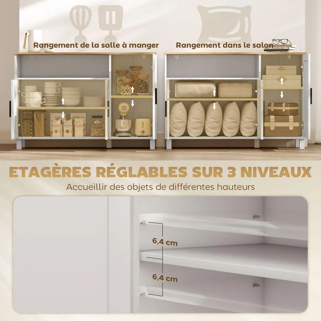 Buffet de Cuisine Moderne Blanc avec Étagères Réglables et Rangement