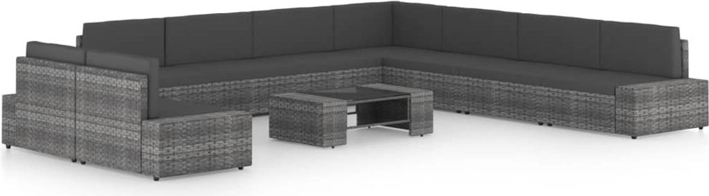 10-tlg. Garten-Lounge-Set mit Kissen Grau Poly Rattan